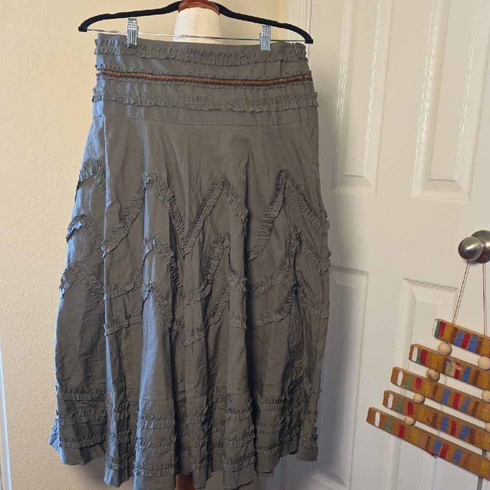 NWT Y2k Vertigo Paris Cotton Olive Green Circle Skirt with Ruffles and Sequins
